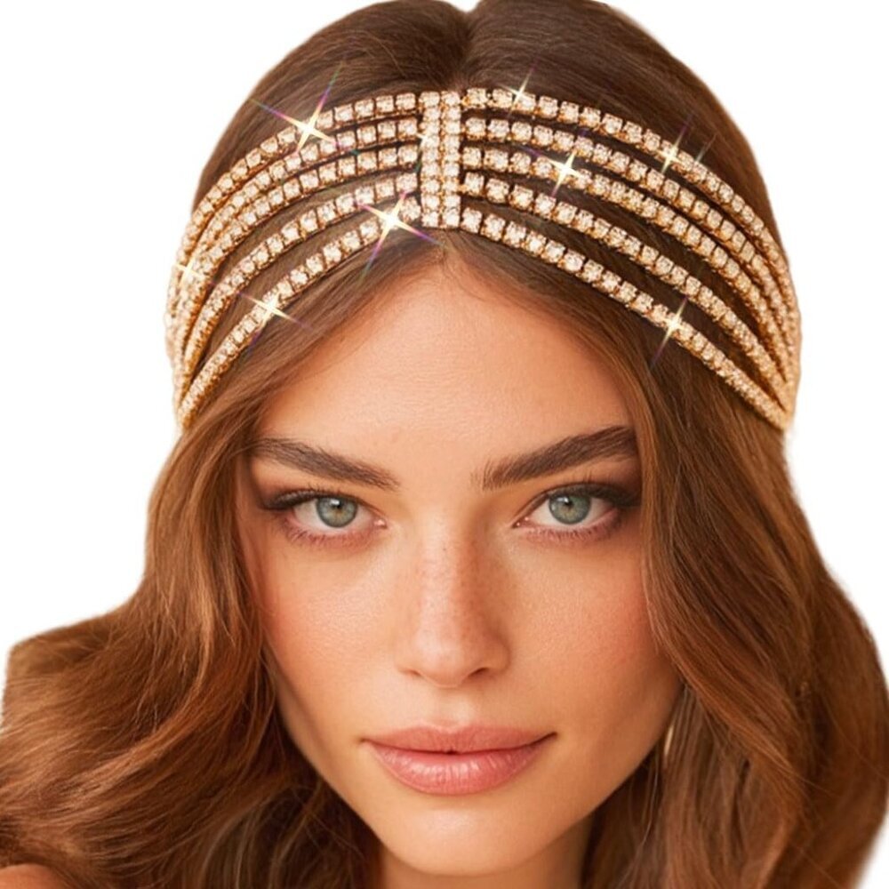 Rhinestone Head Chain Bridal Hair Jewelry Crystal Elastic Forehead Band Women